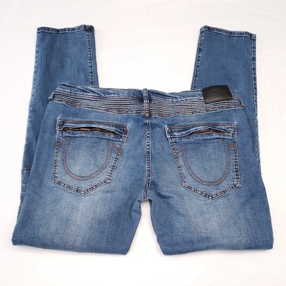 True Religion Men's Moto Blue Jeans ROCCO RELAXED SKINNY Size 40 Zip Pockets